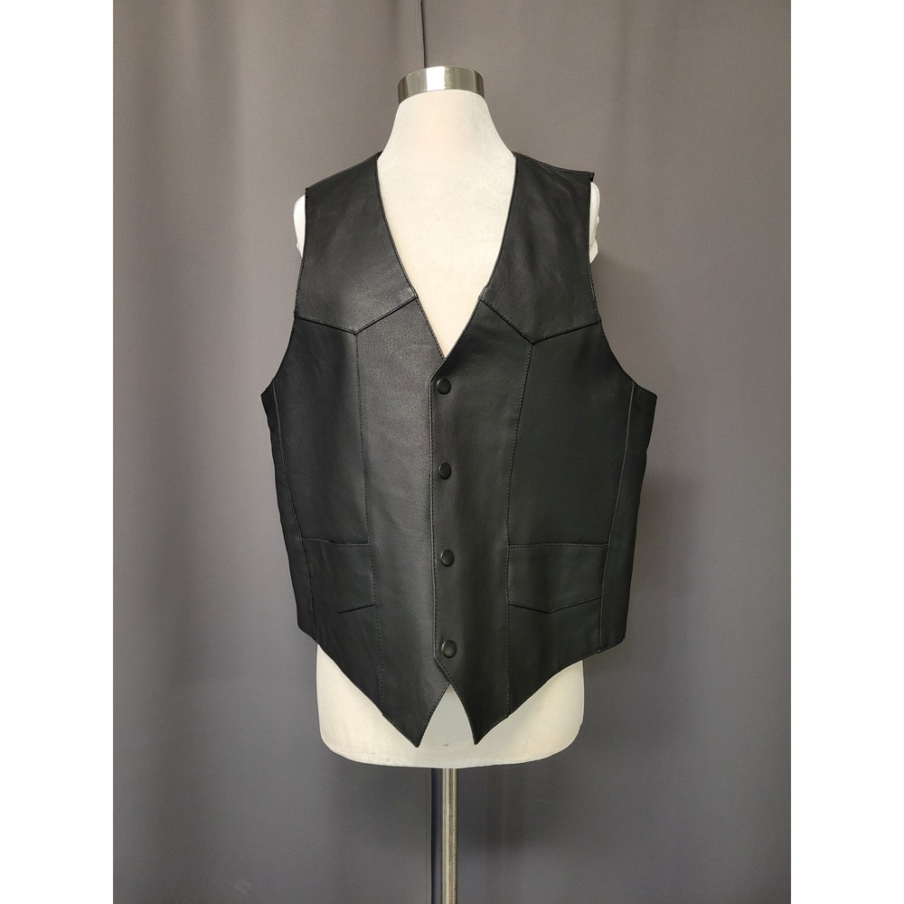 Vintage 90s Western Express Leather Vest Black Western Biker Snap Front Size‎ 46